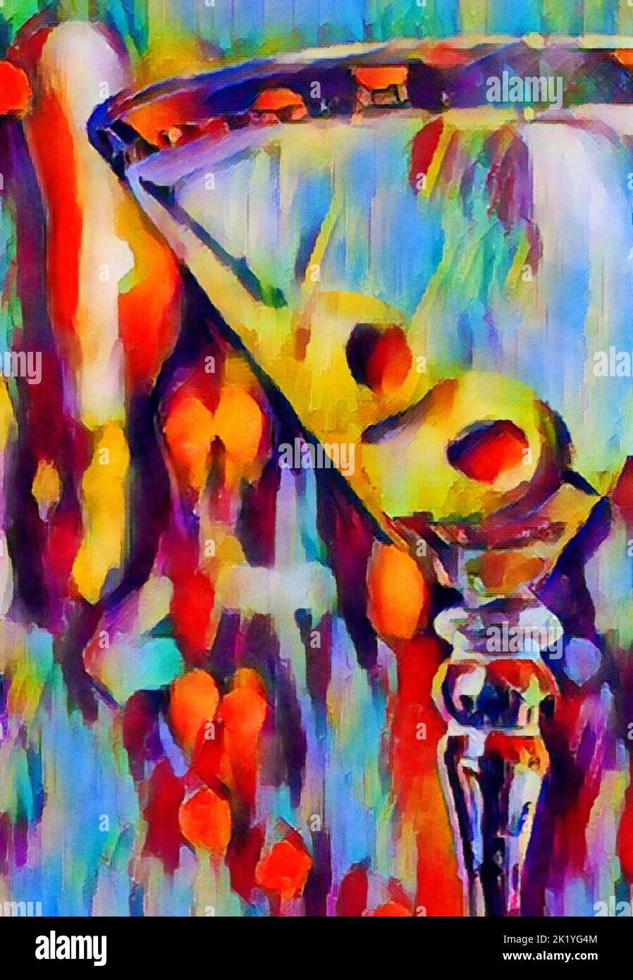 A martini with two olives is seen in an abstract digital watercolor painting. Stock Photo