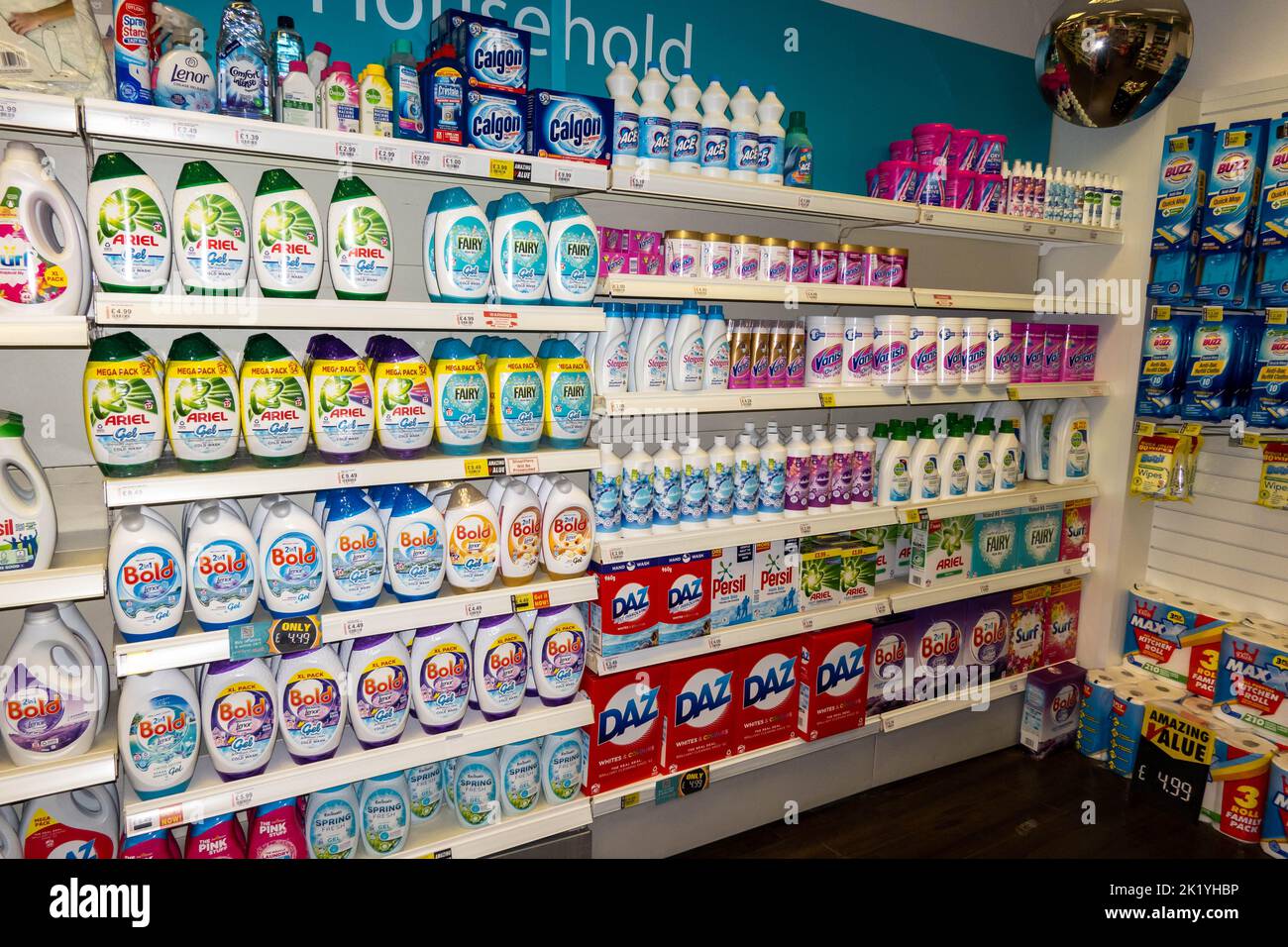 Soap powder products on a supermarket shelves Stock Photo
