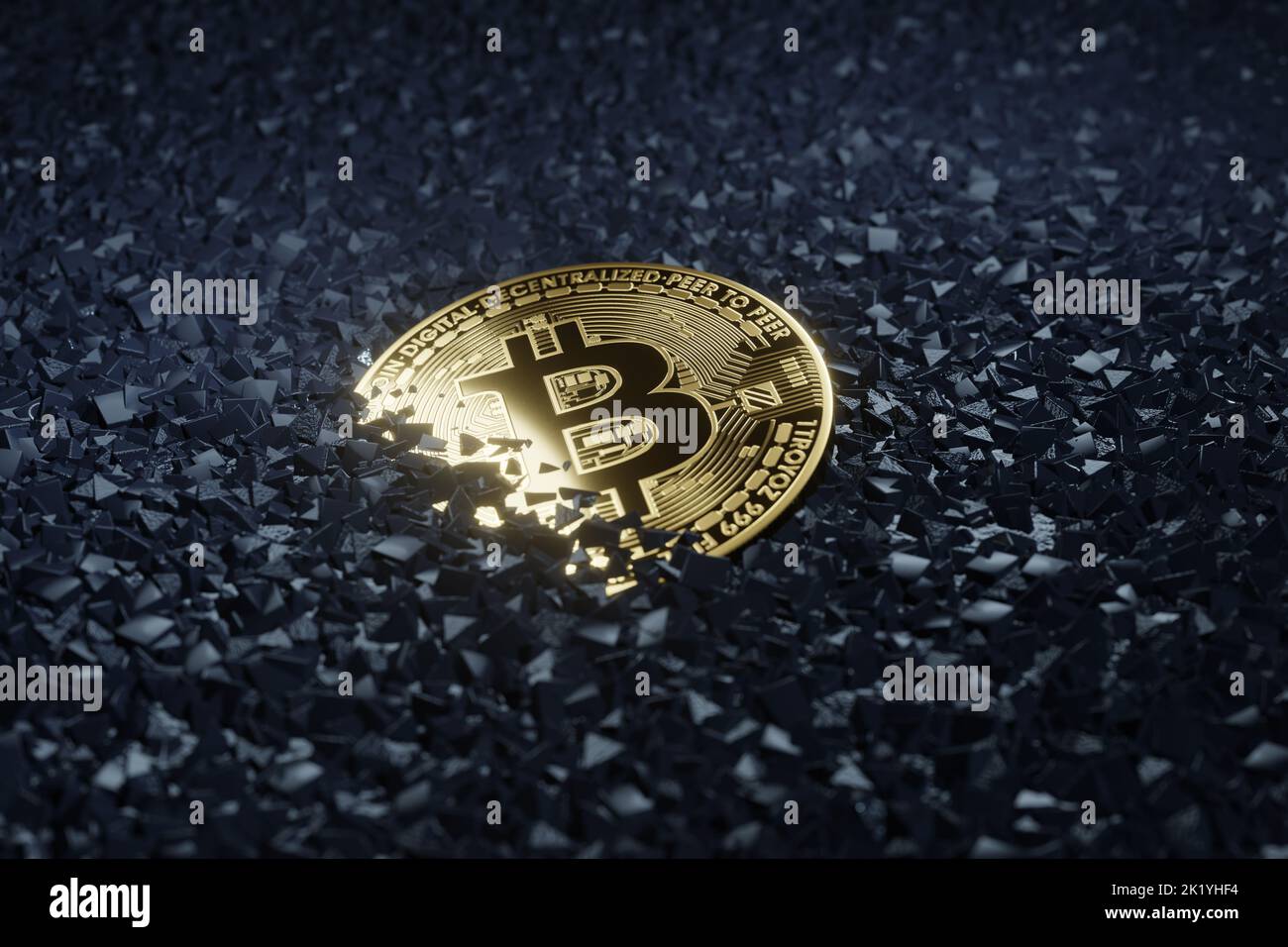 Golden bitcoin buried in black gemstones. Illustration of the concept of cryptocurrency mining Stock Photo