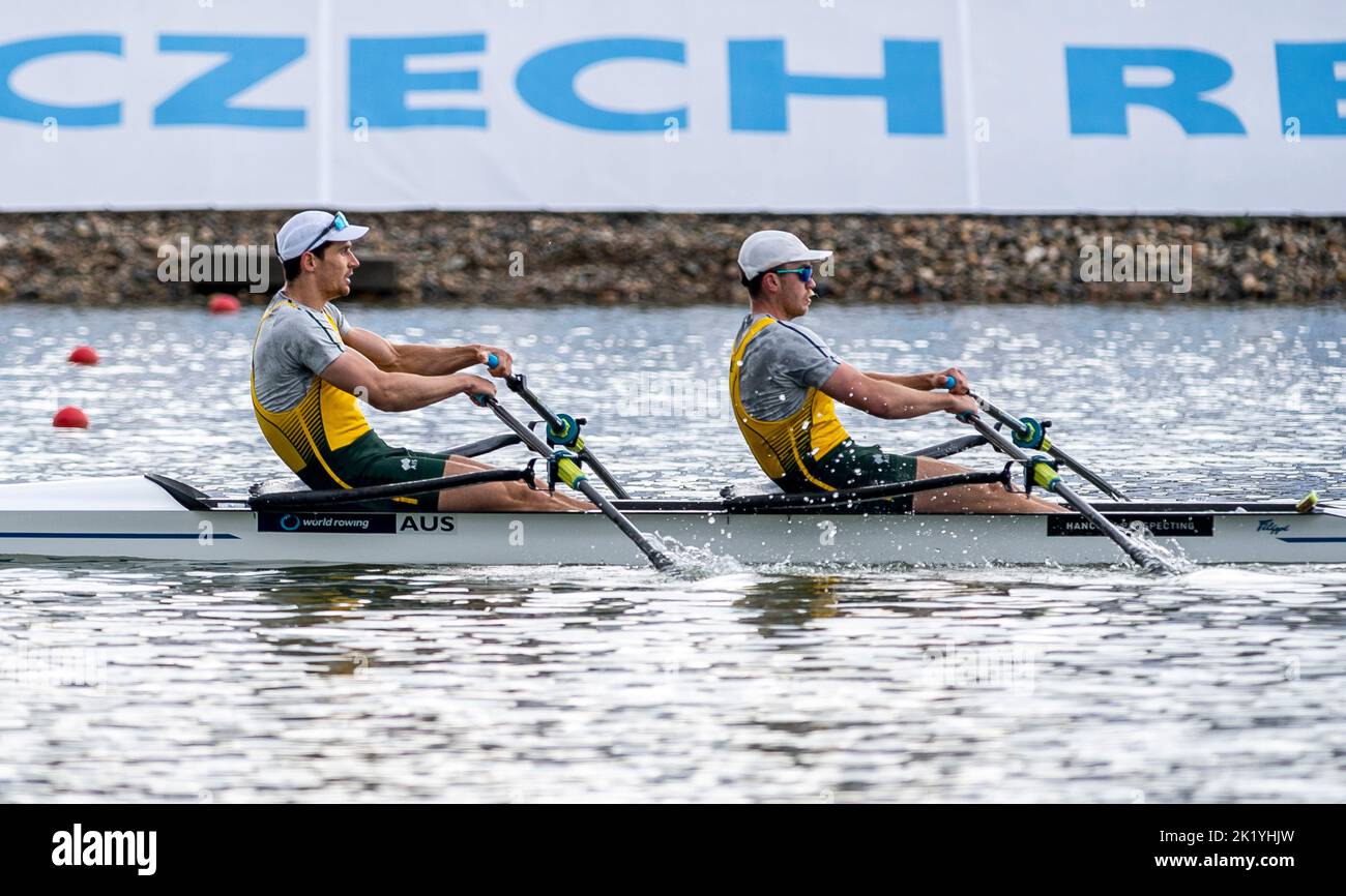 Racice, Czech Republic. 21st Sep, 2022. David Bartholot, left, and Caleb Antill of Australia competing during Day 4 of the 2022 World Rowing Championships, Men's double sculls quarter finals at the Labe Arena Racice on September 21, 2022 in Racice, Czech Republic. Credit: Ondrej Hajek/CTK Photo/Alamy Live News Stock Photo