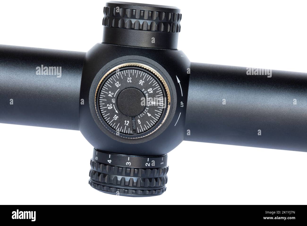 Elevation dial on a rifle scope isolated on a white background Stock
