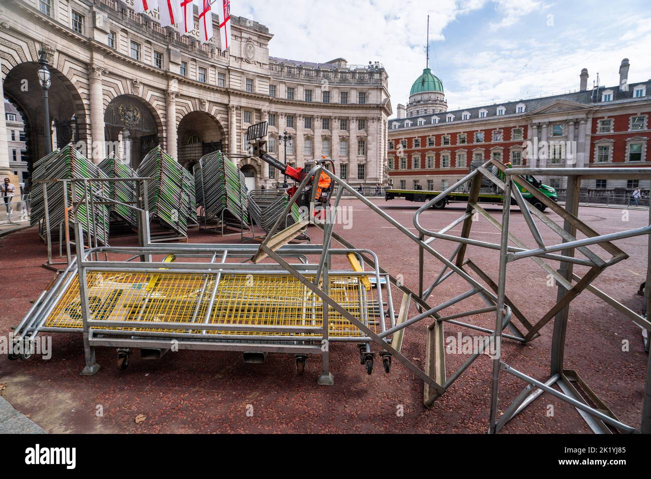 21 September 2022: Movable metal fences stacked near Admiralty arch, London, UK Stock Photo