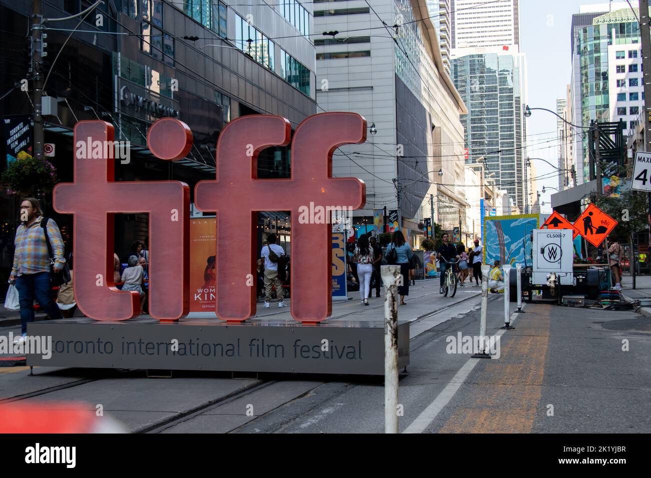 A TIFF, Toronto International Film Festival sign at the entrance to King St. during the day at the popular film festival in downtown Toronto. Stock Photo