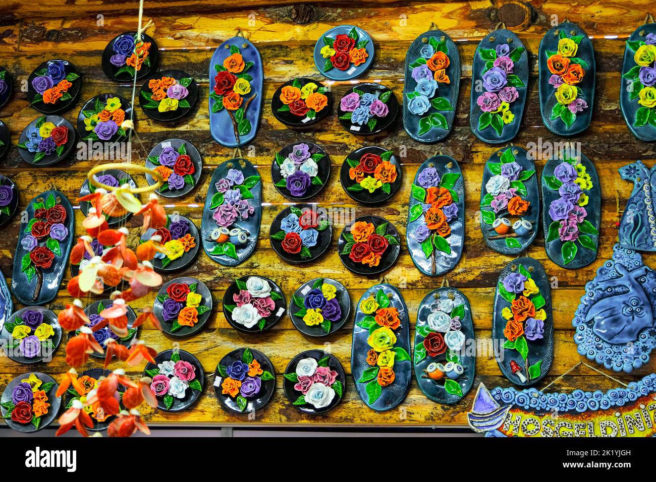 SIRINCE, Izmir, Turkey - January 16, 2022. Various Turkish traditional souvenirs in street shops. Stock Photo
