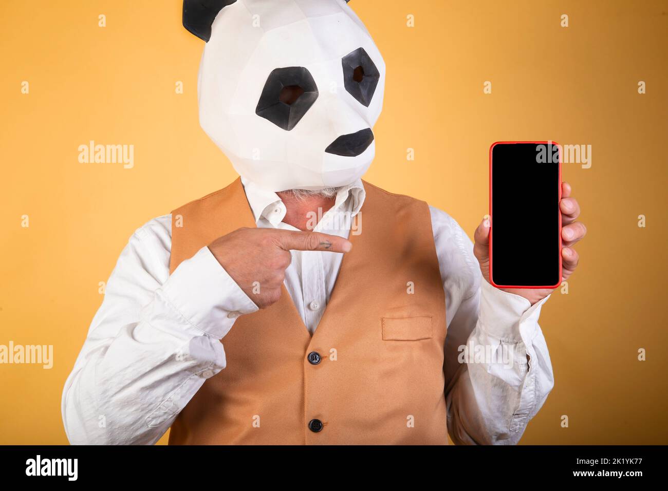 Businessman with panda bear head pointing at the screen of a samrtphone Stock Photo