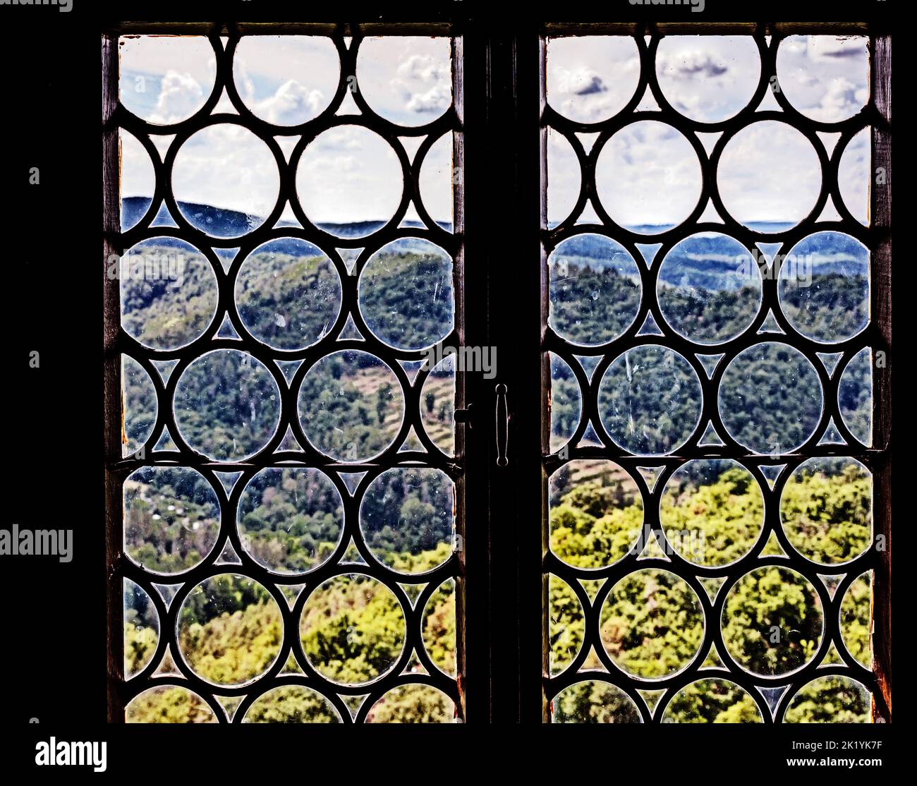 View from the Wartburg through an old window over the country, Thüringen, Germany Stock Photo