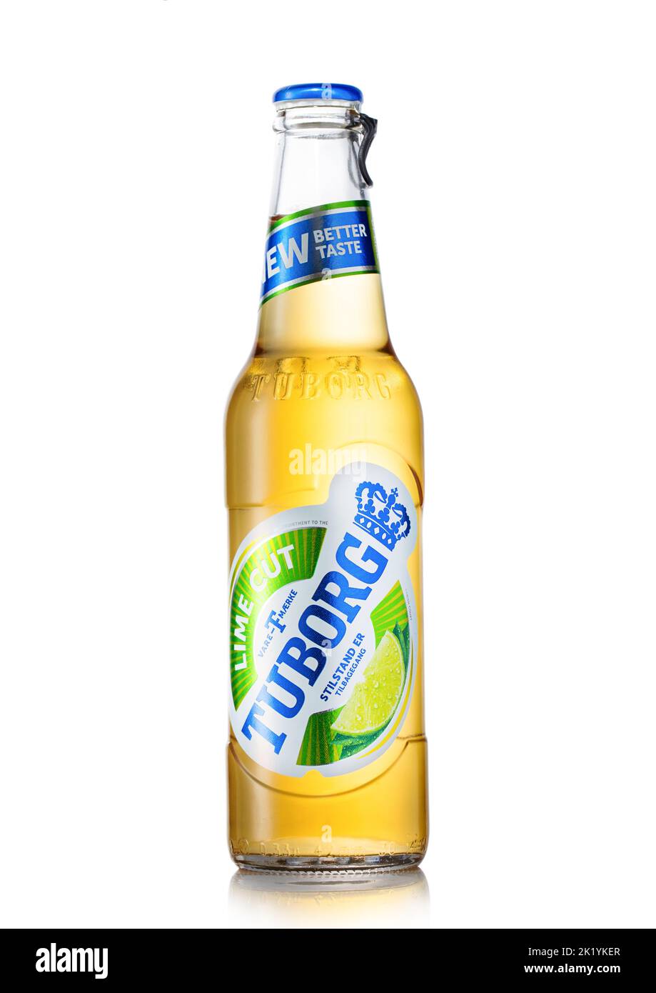 LONDON, UK - JUNE 22, 2022: Tuborg lager beer with lime on white.. Danish premium beer. Stock Photo