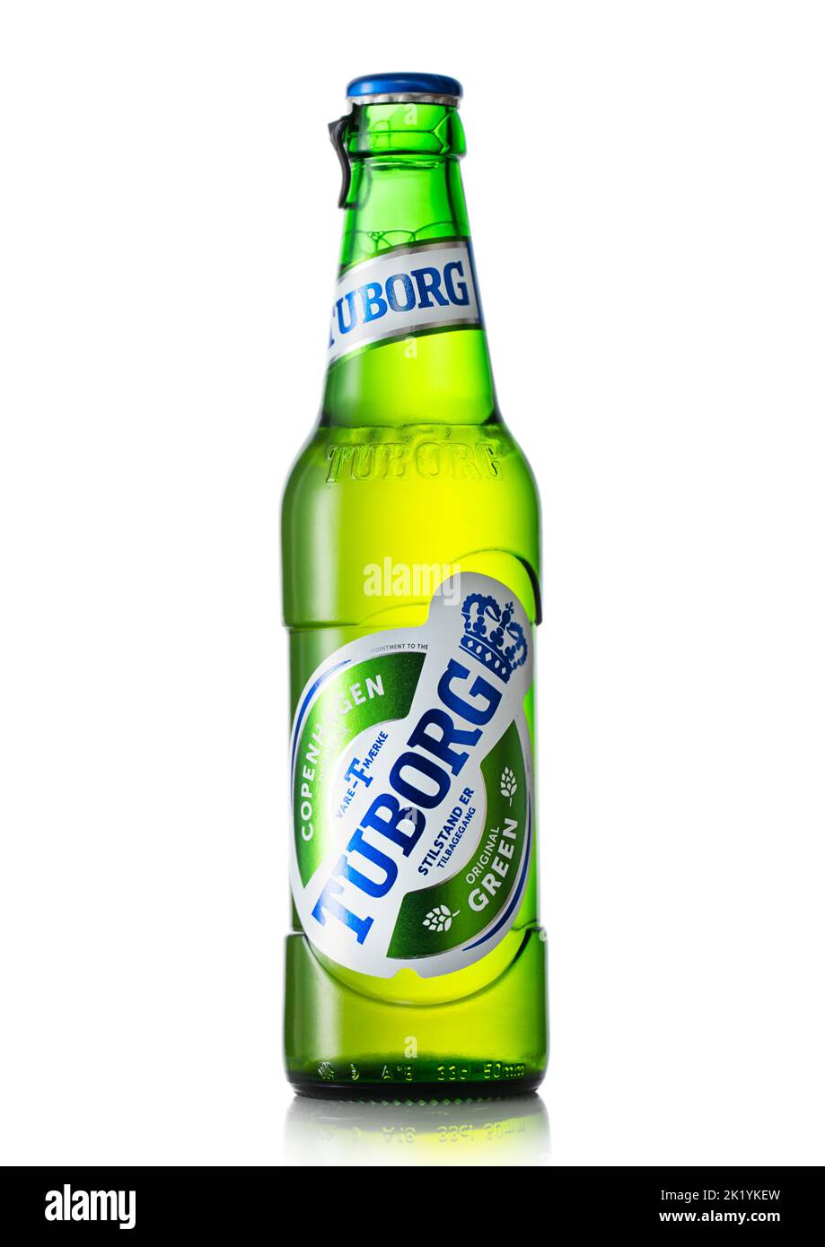 LONDON, UK - JULY 01, 2022: Bottle of Tuborg lager beer on white background. Stock Photo