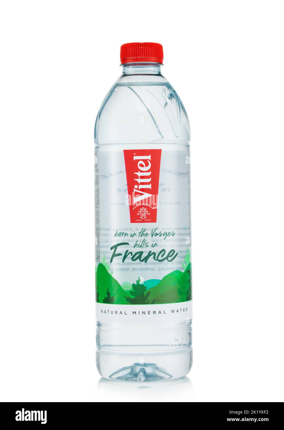 LONDON,UK - MAY 24, 2022: Vittel still mineral water in plastic bottle on white. Product of France Stock Photo