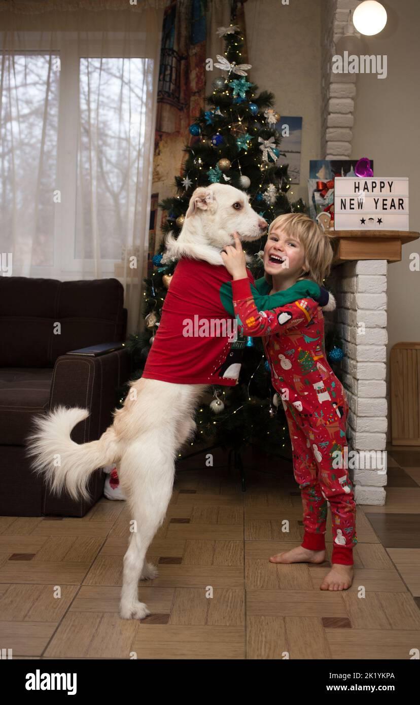 child boy in Christmas red pajamas and a white dog are hugging in a room at home in front of the Christmas tree. Happy family winter holidays concept. Stock Photo