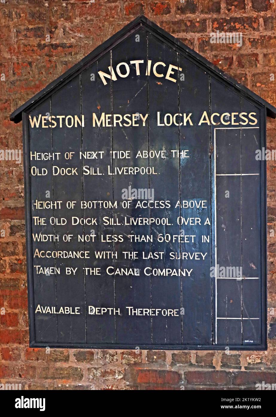 Historic black board notice at Weston Mersey Lock Access, height of next tide, Old Dock Sill, Liverpool Stock Photo