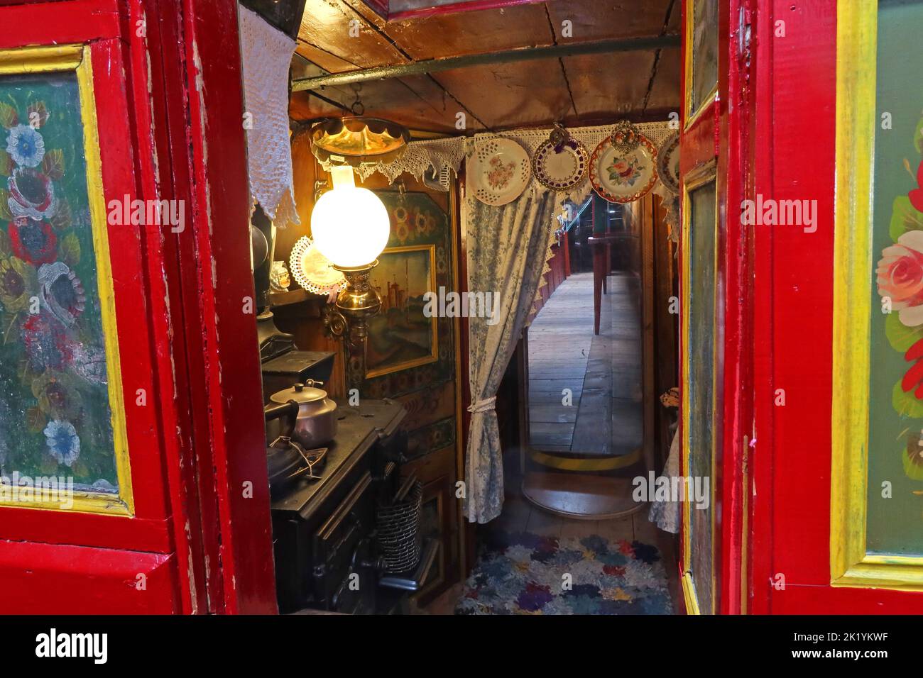 Victorian Canal barge, narrowboat interior, kitchen, living quarters, Cheshire, England, UK Stock Photo