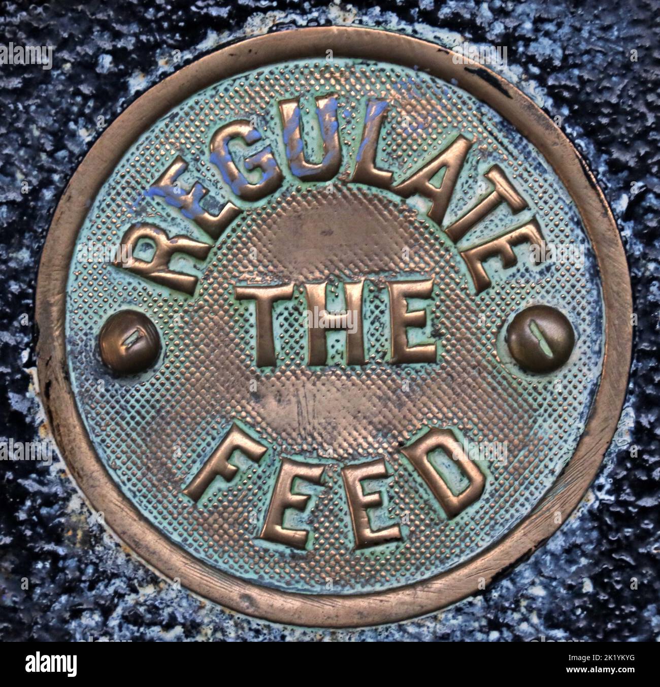 Regulate The Feed warning, Steam water pump, National Waterways Museum, South Pier Rd, Ellesmere Port, Cheshire, England, UK, CH65 4FW Stock Photo