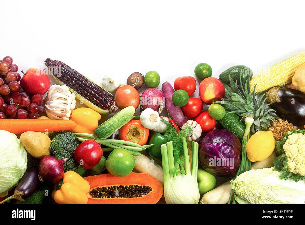 Fresh vegetables and fruits isolated on white background with copy