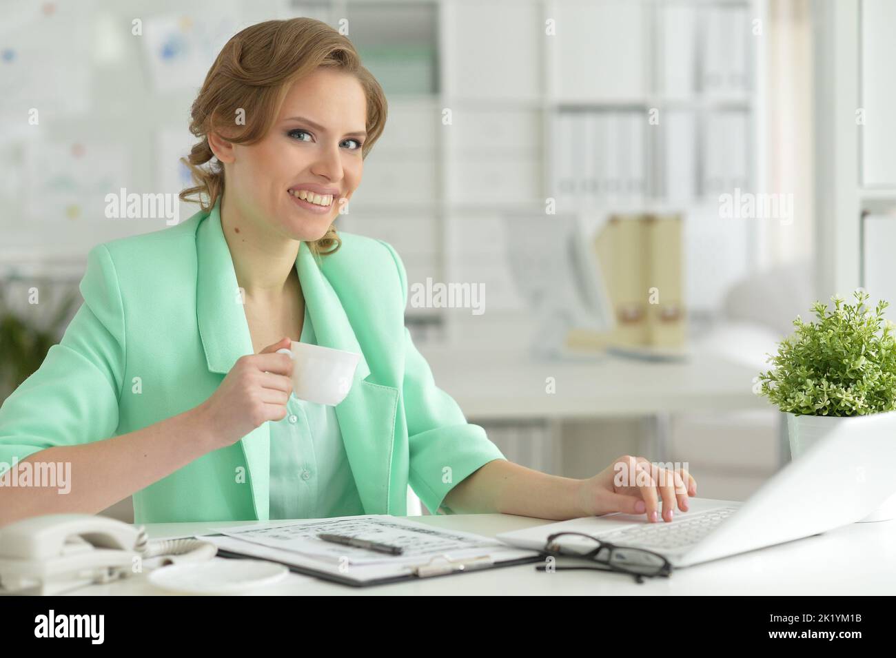 Portrait of a smiling beautiful business woman using a laptop. Stock Photo
