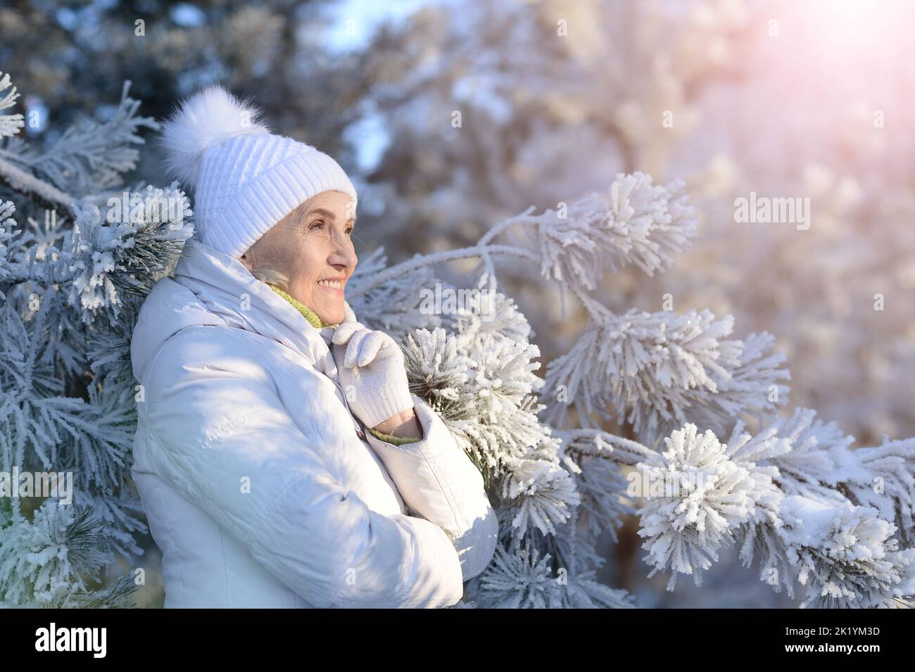 Old woman in a fur coat in the winter  Stock Photo