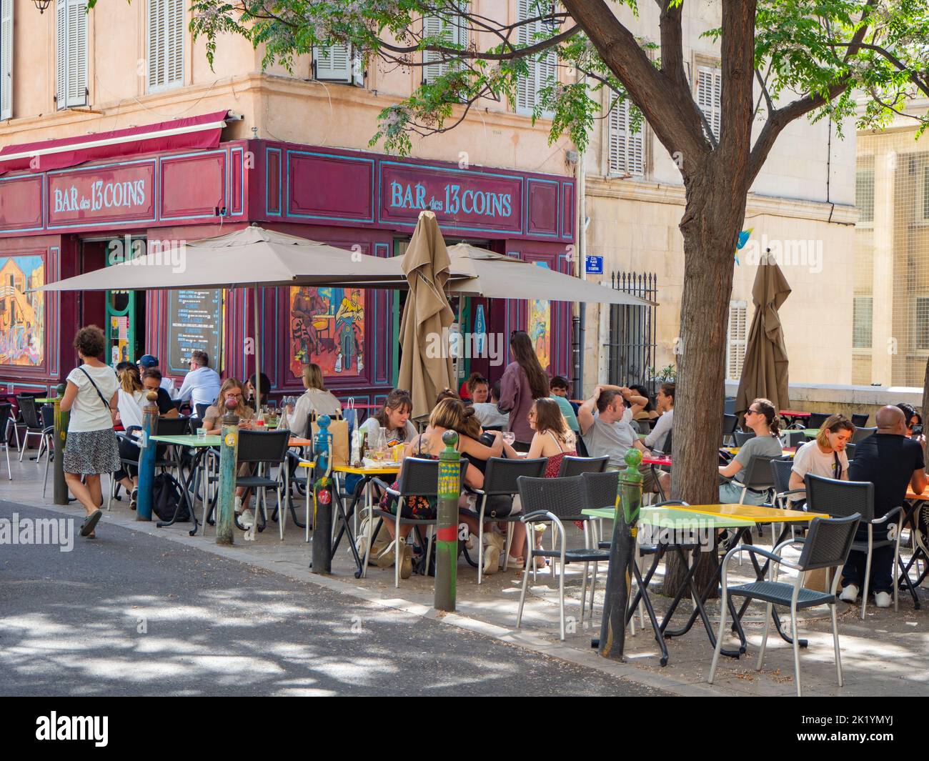 Marseille, France - May 15th 2022: Busy restaurant terrace in the old town Stock Photo