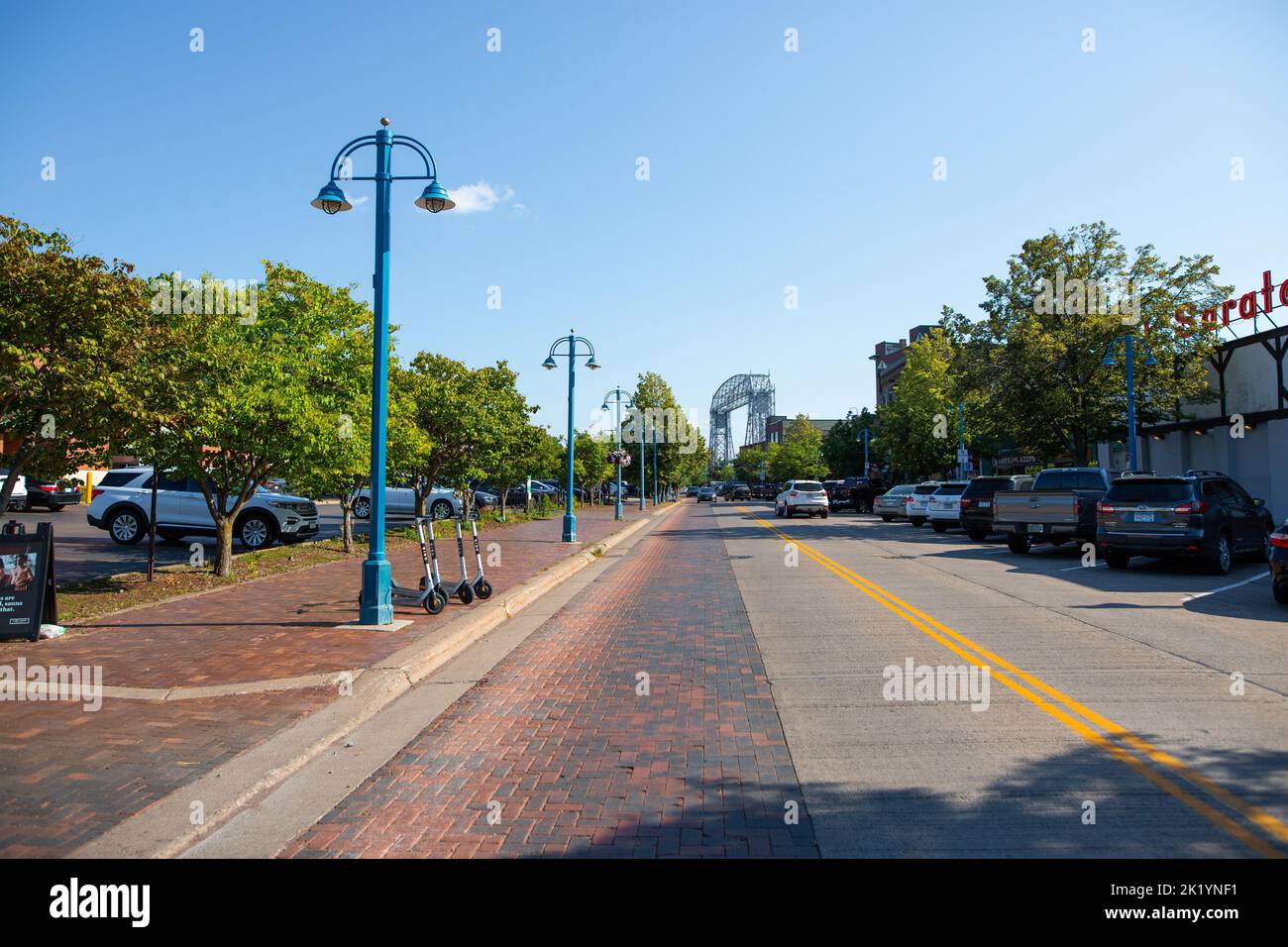 The Canal Park drive in Duluth, Minnesota with the Aerial Lift bridge