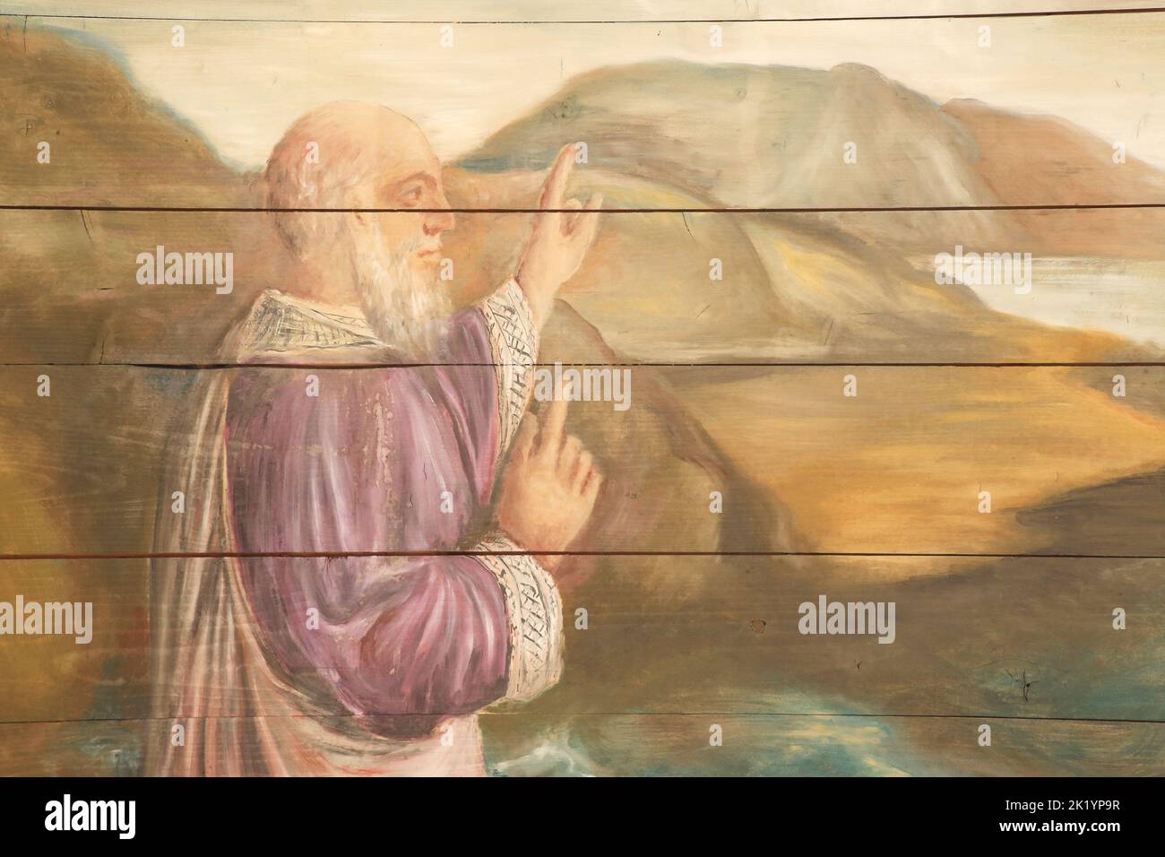 Saint-Nicolas, évêque de Myre, calme la tempête. Détails. Peinture murale restaurée par Edouard Borga. Eglise Saint-Nicolas de Combloux. Combloux. Stock Photo