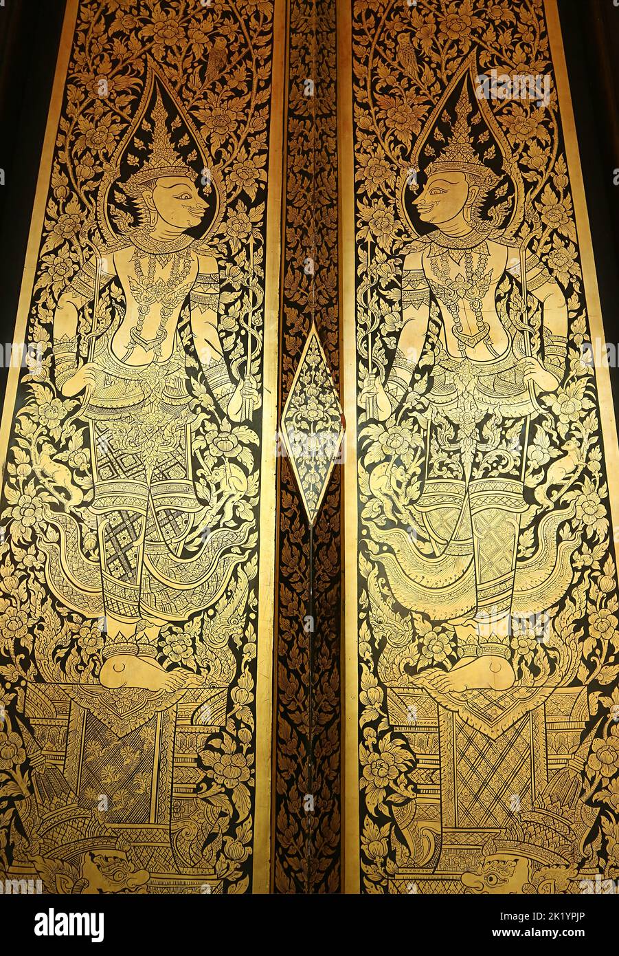 Incredible Gilded Black Lacquer Door Panel of the Ordinary Hall of a Buddhist Temple in Thailand Stock Photo