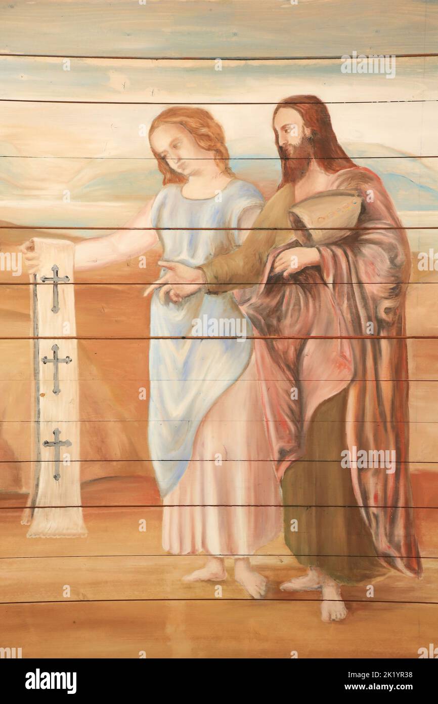 Jésus-Christ et la Vierge-Marie. SDétails. Peinture murale restaurée par Edouard Borga. Eglise Saint-Nicolas de Combloux. Stock Photo