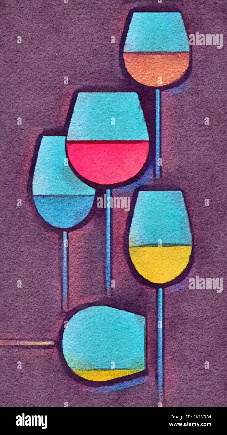Wines in wine glasses are pictured in a digital watercolor image. Stock Photo