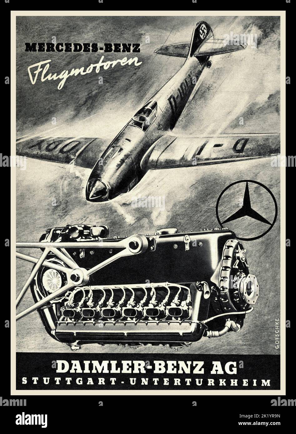 1940s Mercedes WW2 Poster Advertisement for Mercedes aviation engine in Nazi Germany fighter plane ME109 with Swastika tail fin. 'Flugmotoren'  Mercedes-Benz Stuttgart - Unterturkheim Nazi Germany World War II Second World War  The Messerschmitt Bf 109 is a German World War II fighter aircraft that was, along with the Focke-Wulf Fw 190, the backbone of the Luftwaffe's fighter force. The Bf 109 first saw operational service in 1937 during the Spanish Civil War and was still in service at the end of World War II in 1945. The DB-600 engine first produced in November 1937. Stock Photo