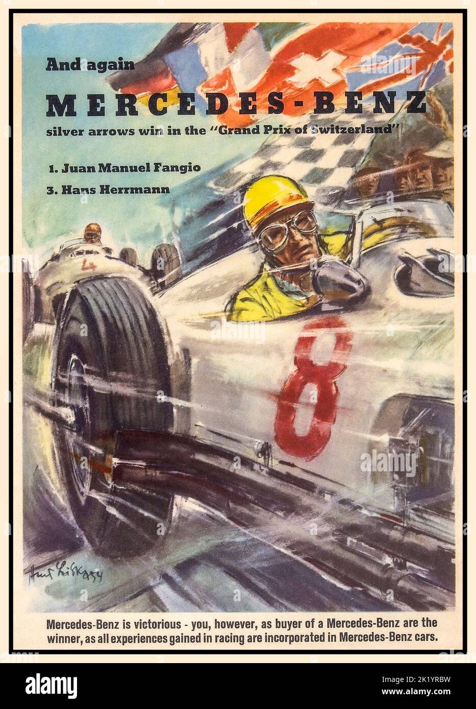 Mercedes 1950s  FANGIO Advertisement featuring The 1954 Swiss Grand Prix a Formula One motor race held at Bremgarten on 22 August 1954. It was race 7 of 9 in the 1954 World Championship of Drivers. The 66-lap race was won by Mercedes driver Juan Manuel Fangio in No 8 Mercedes Stock Photo