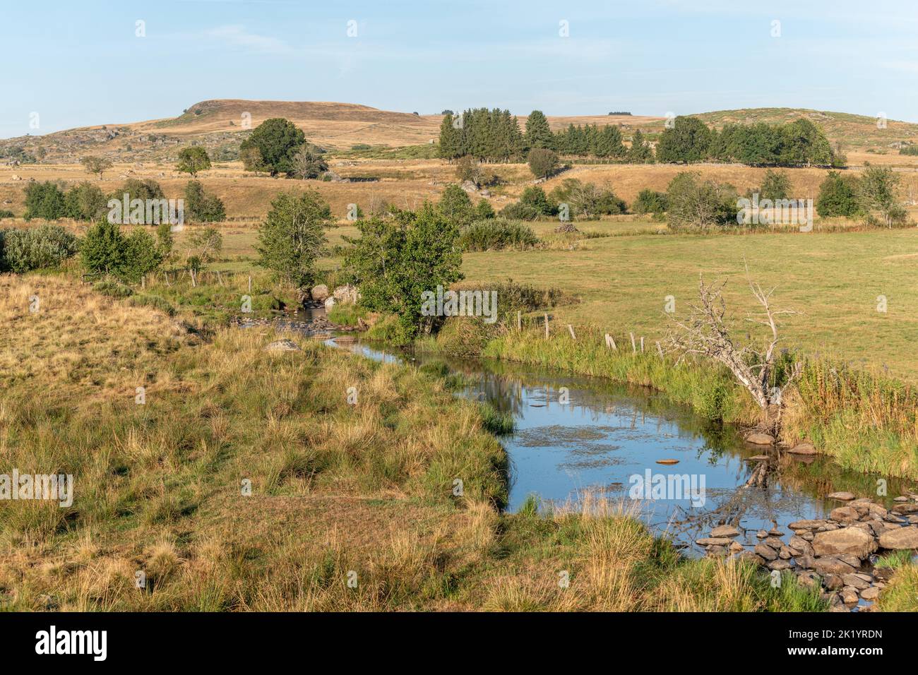 Landscape in Aubrac in summer, inspiring, infinite, enchanting, magical, peaceful, bewitching. Cevennes France. Stock Photo