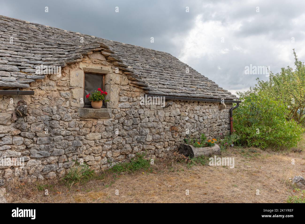 Stone house, traditional house of Causse mejean, limestone architecture. Cevennes, France. Stock Photo