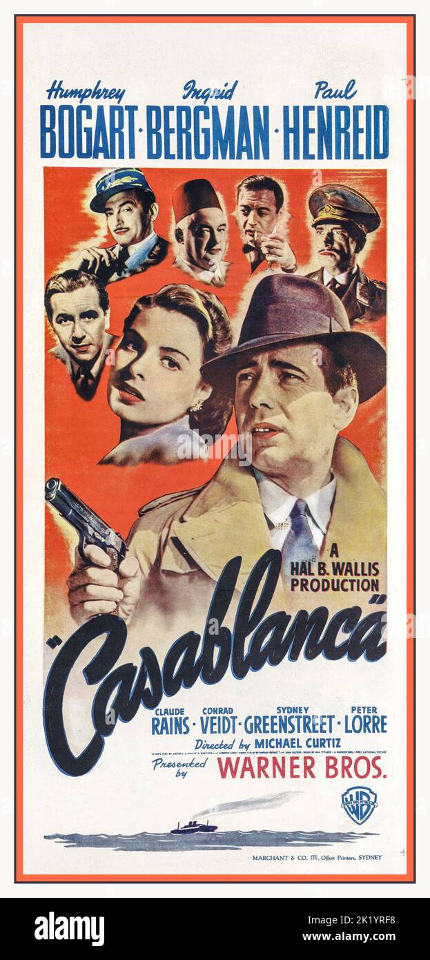 CASABLANCA 1940's Vintage Film Movie Poster Casablanca a 1942 American romantic drama film directed by Michael Curtiz. The film stars Humphrey Bogart, Ingrid Bergman, and Paul Henreid; it also features Claude Rains, Conrad Veidt, Sydney Greenstreet, Peter Lorre, and Dooley Wilson. Set during  World War II, it focuses on an American expatriate who must choose between his love for a woman and helping her and her husband, a Czech Resistance leader, escape from the Vichy-controlled city of Casablanca to continue his fight against the Nazis Stock Photo
