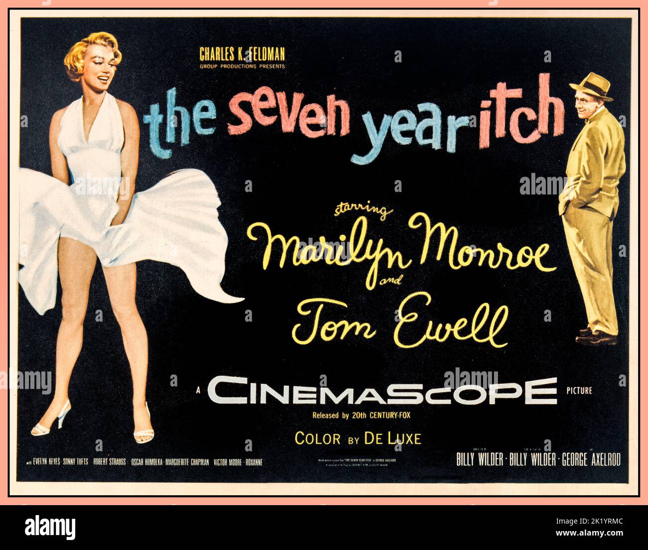 'Seven Year Itch' Retro 1950’s Vintage motion picture film cinema poster for Marilyn Monroe in 'The Seven Year Itch'  The Seven Year Itch is a 1955 American romantic comedy film based on a three- act play with the same name by George Axelrod. The film was co-written and directed by Billy Wilder, and stars Marilyn Monroe and Tom Ewell Stock Photo