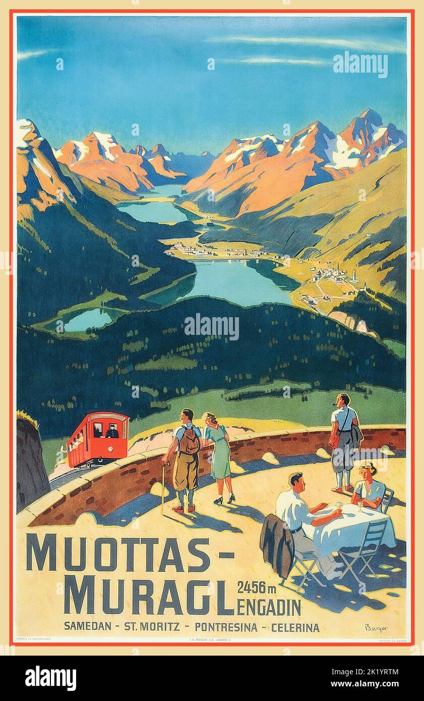 MUOTTAS-MURAGL Vintage 1930s travel poster, Engadin Valley summer Mountain Railway train Moutains Resort Switzerland. poster. Stock Photo