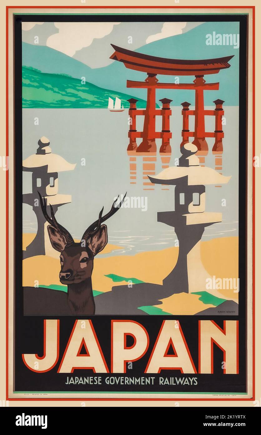 Japan vintage retro poster - Japanese Government Railways Vintage 1930s poster issued by Japanese Government Railways, depicting the iconic Torii Gate that juts out of the sea at Hiroshima Miyajima designed by Pieter Irwin Brown Toppan Printing Co.,Tokyo. Japan Stock Photo