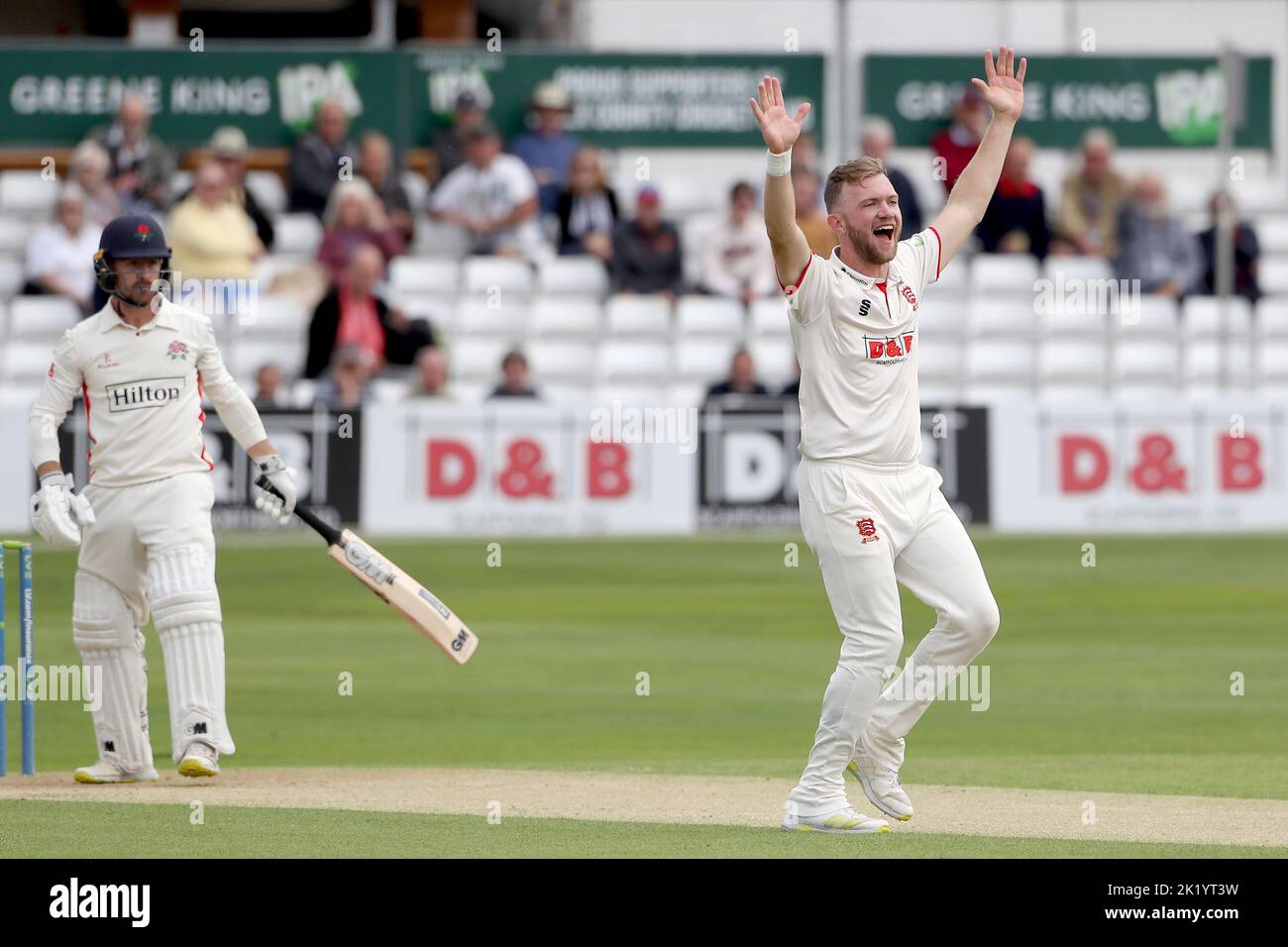 Sam Cook of Essex claims the wicket of Josh Bohannon during Essex CCC vs Lancashire CCC, LV Insurance County Championship Division 1 Cricket at The Cl Stock Photo
