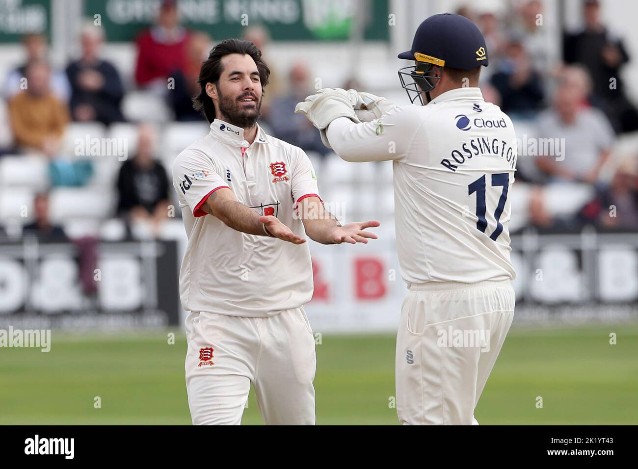 Shane Snater of Essex celebrates taking the wicket of Keaton Jennings during Essex CCC vs Lancashire CCC, LV Insurance County Championship Division 1 Stock Photo