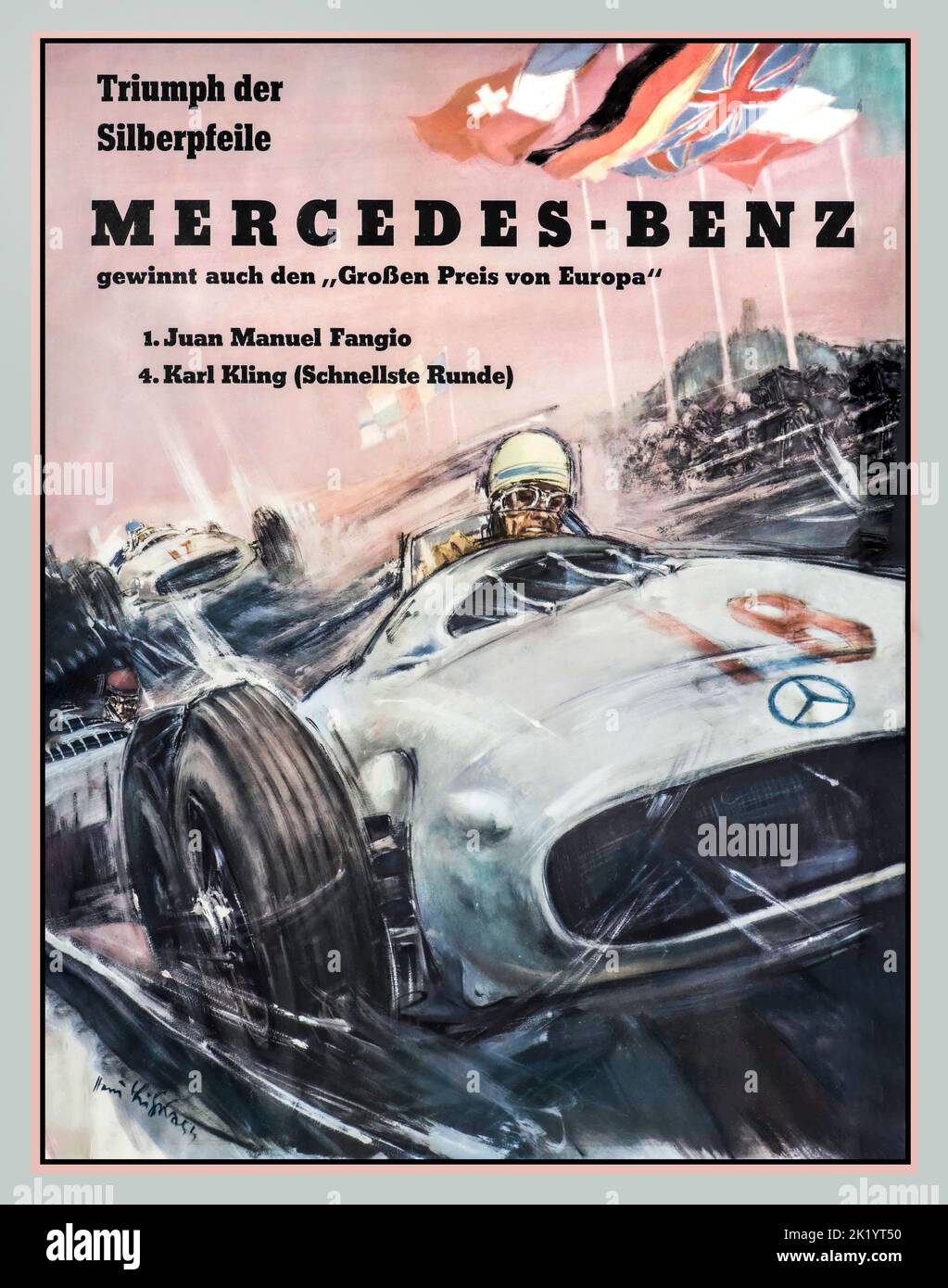 1950s Mercedes Grand Prix Poster 'Triumph of The Silver Arrows' Grand Prix of Europe First  No 1 Juan Manuel Fangio in a W196 Mercedes motor racing car Brochure advertising Mercedes Motorcars Stock Photo