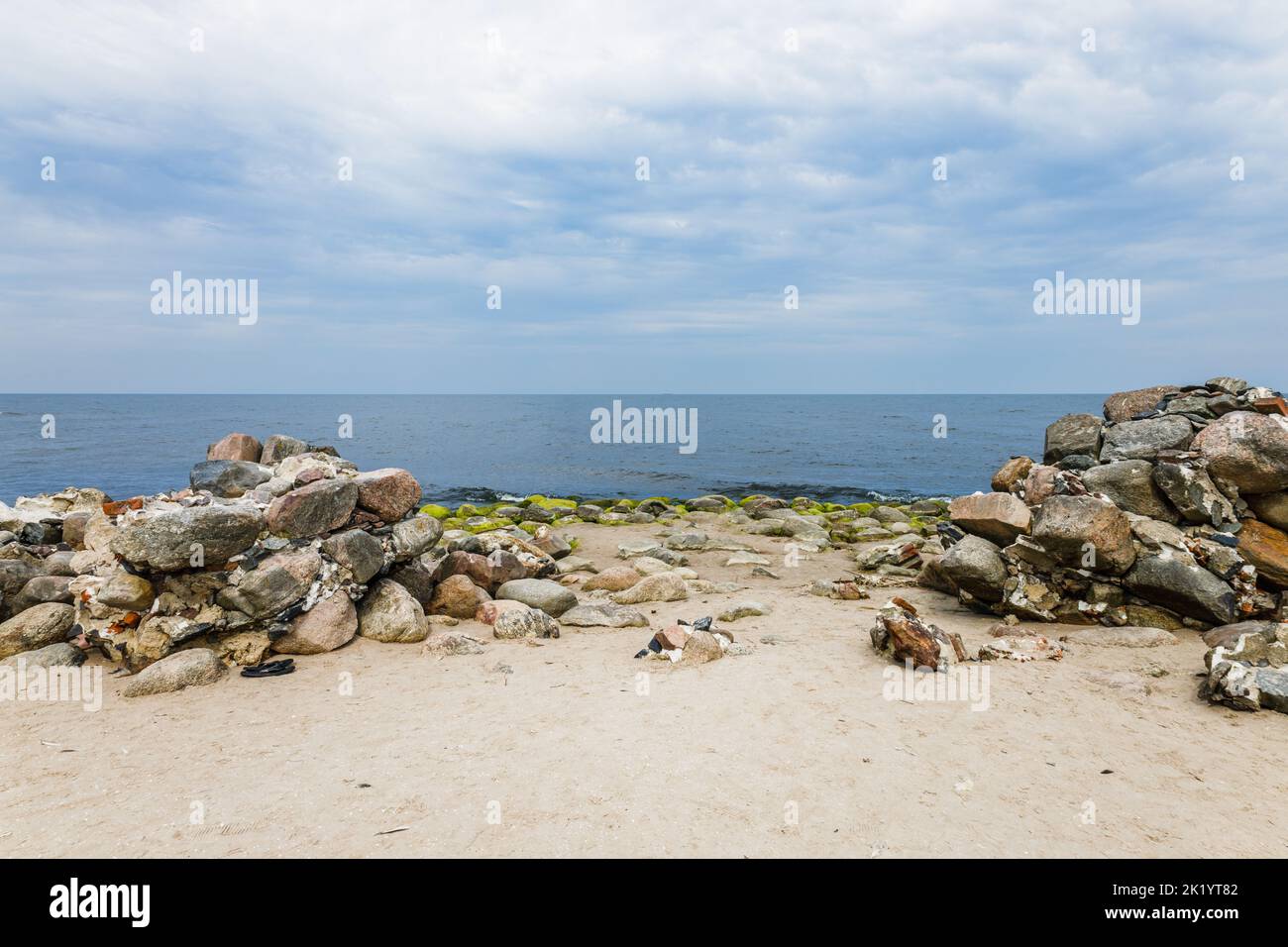 Cape Kolka cross point at the Baltic sea beach, Latvia Stock Photo