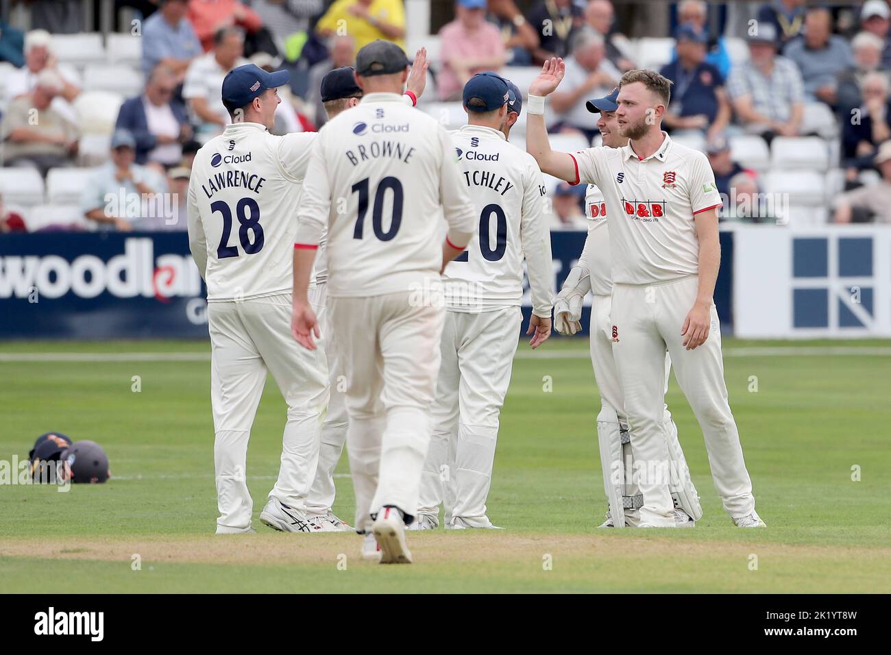 Sam Cook of Essex celebrates with his team mates after taking the wicket of Will Williams during Essex CCC vs Lancashire CCC, LV Insurance County Cham Stock Photo