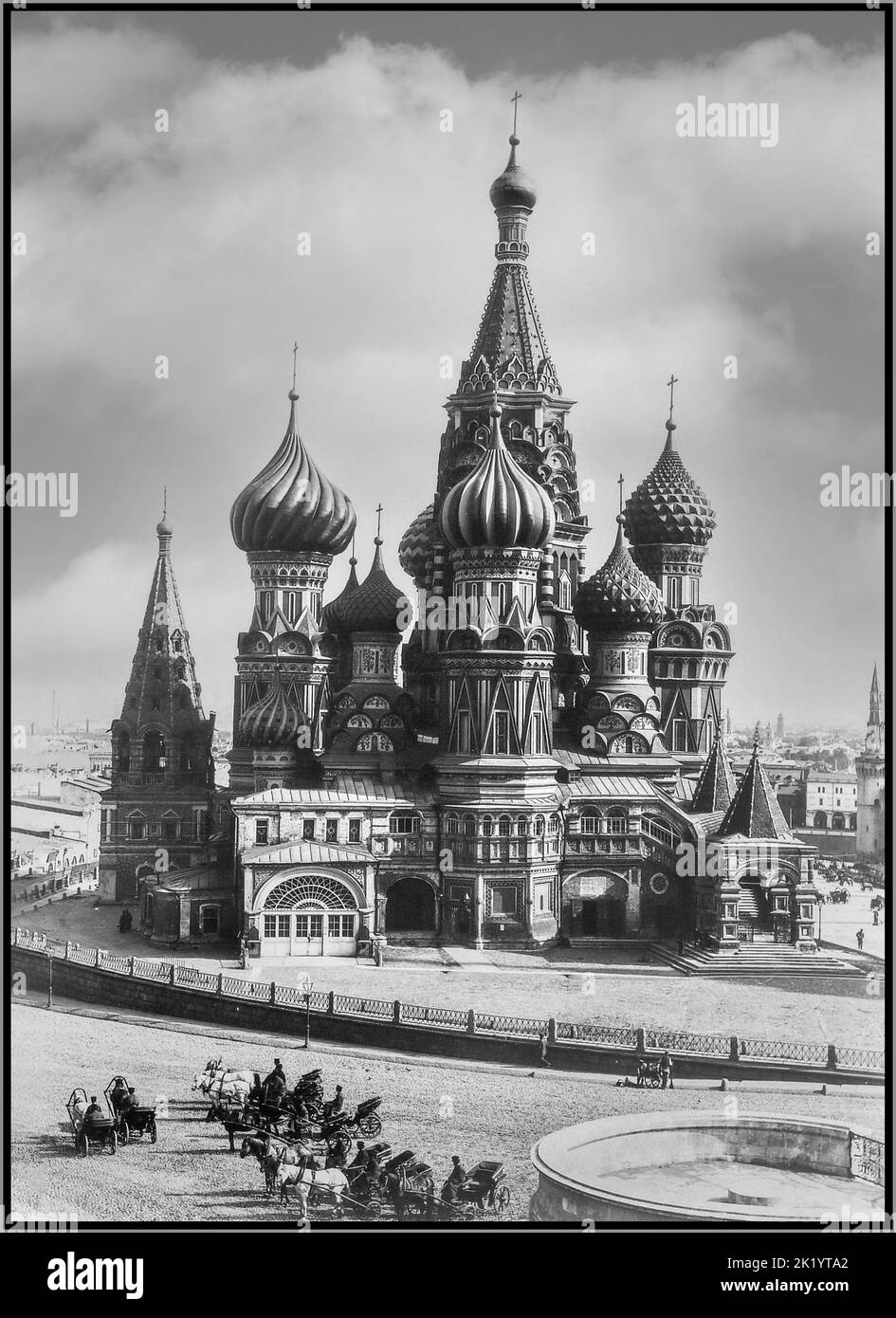 MOSCOW SAINT BASILS CATHEDRAL Vintage 1900s Black and White St Basil’s cathedral  Red Square, Moscow, Russia. Vintage retro image of historic Moscow building, Russian Orthodox church architectural landmark Moscow Russia Stock Photo