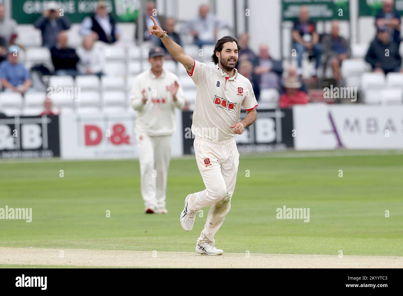 Shane Snater of Essex celebrates taking the wicket of George Bell during Essex CCC vs Lancashire CCC, LV Insurance County Championship Division 1 Cric Stock Photo