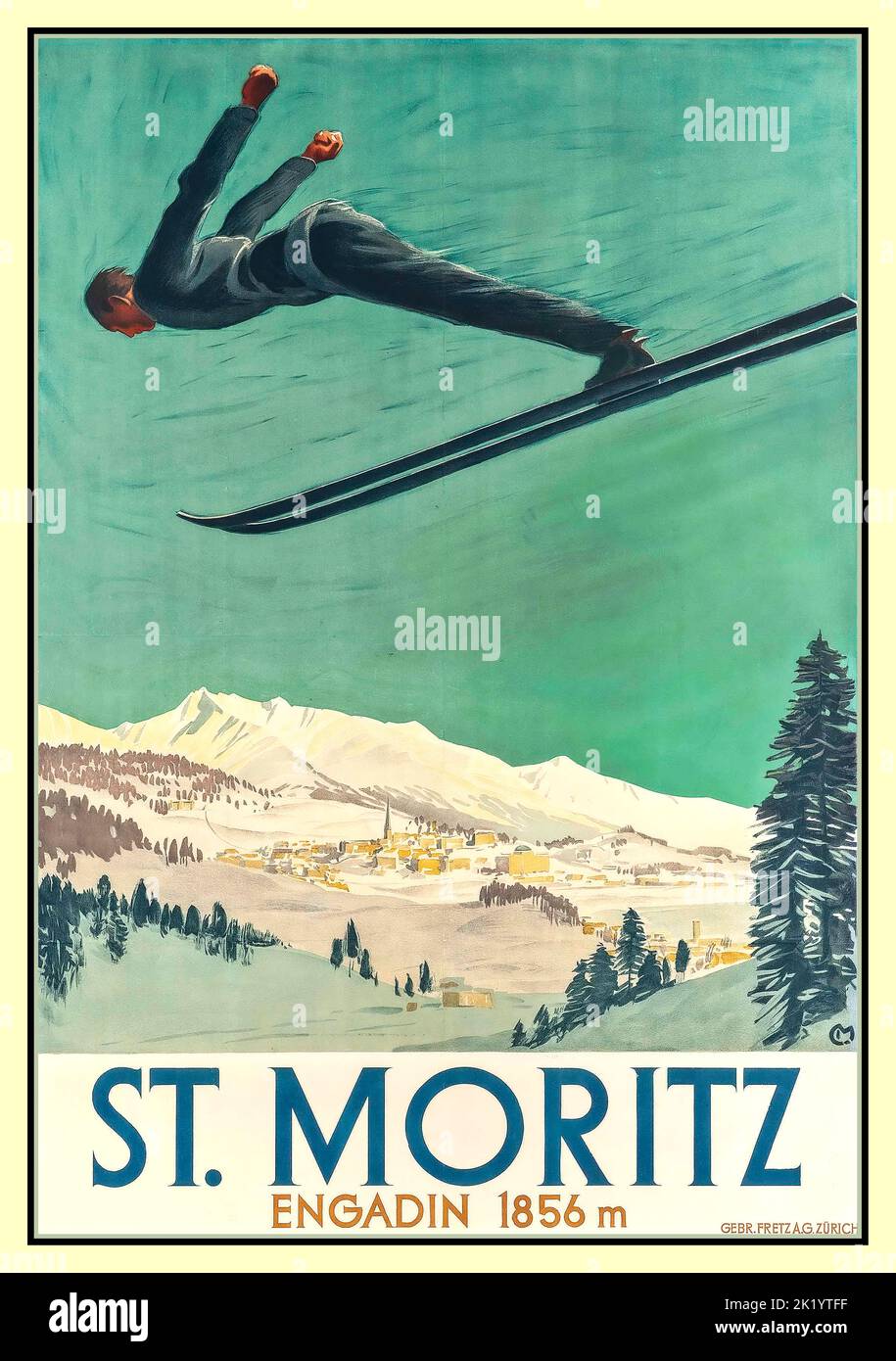 ST. MORITZ SKI JUMP VINTAGE 1900s winter sports ski jump Poster by Carl Moos (1878-1959) St Moritz lithograph, Engadine Valley at 1856M Switzerland Stock Photo