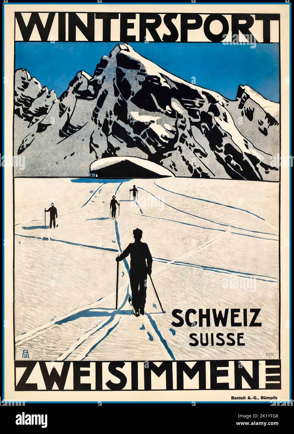 ZWEISIMMEN  1900s Winter Sport Ski Skiing Poster Suisse Switzerland Schweiz Suisse ZWEISIMMEN  Vintage 1920s Travel Poster - Winter Sport - AB Winter Sport ZWEISIMMEN, c.1920 Stock Photo