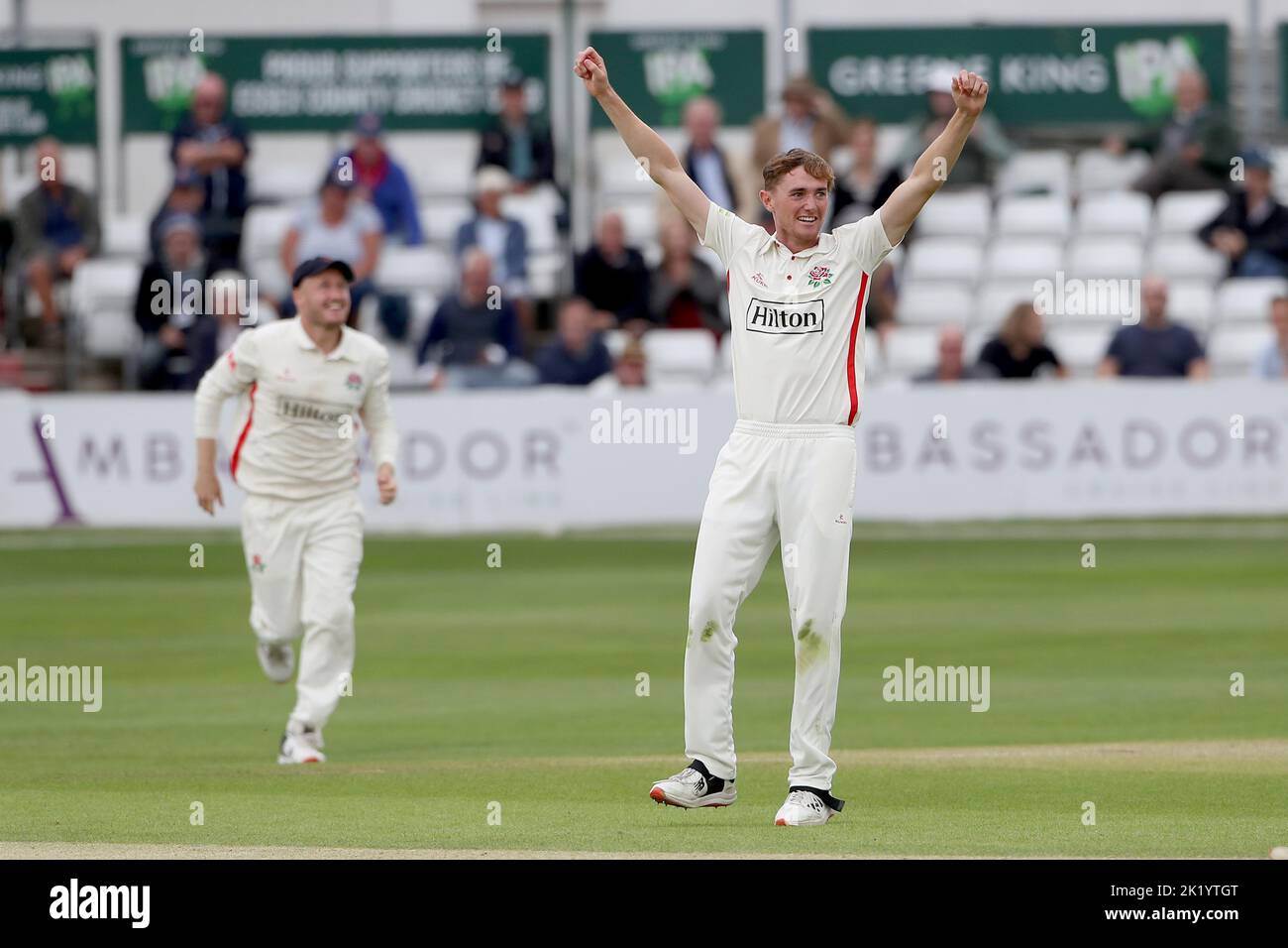 Balderson of Lancashire celebrates taking the wicket of Tom