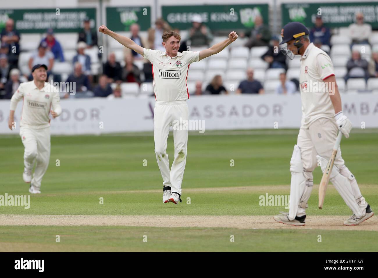 Balderson of Lancashire celebrates taking the wicket of Tom