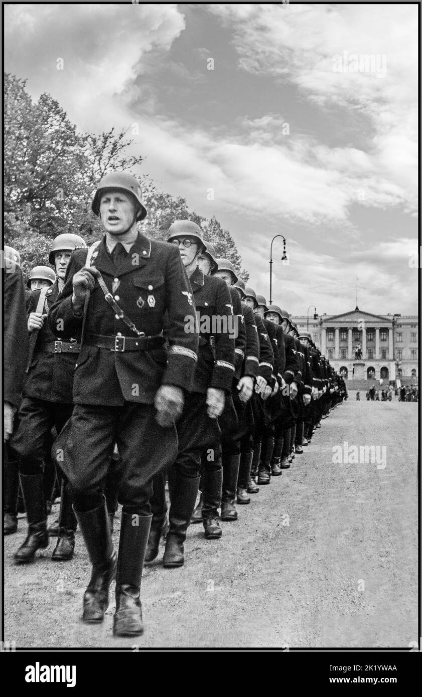 German Nazi SS Norway, parade with Vidkun Quisling inspecting Norwegian volunteers in the German SS Norway at Slottsplassen in Oslo on Saturday 3 June 1944. SS Norway parades down Karl Johansgate 1944. The paramilitary GSSN was a Norwegian branch of Germanic-SS, and a sub organization of the Quisling's Norwegian Nazi party National Union (Nasjonal Samling, NS). Stock Photo