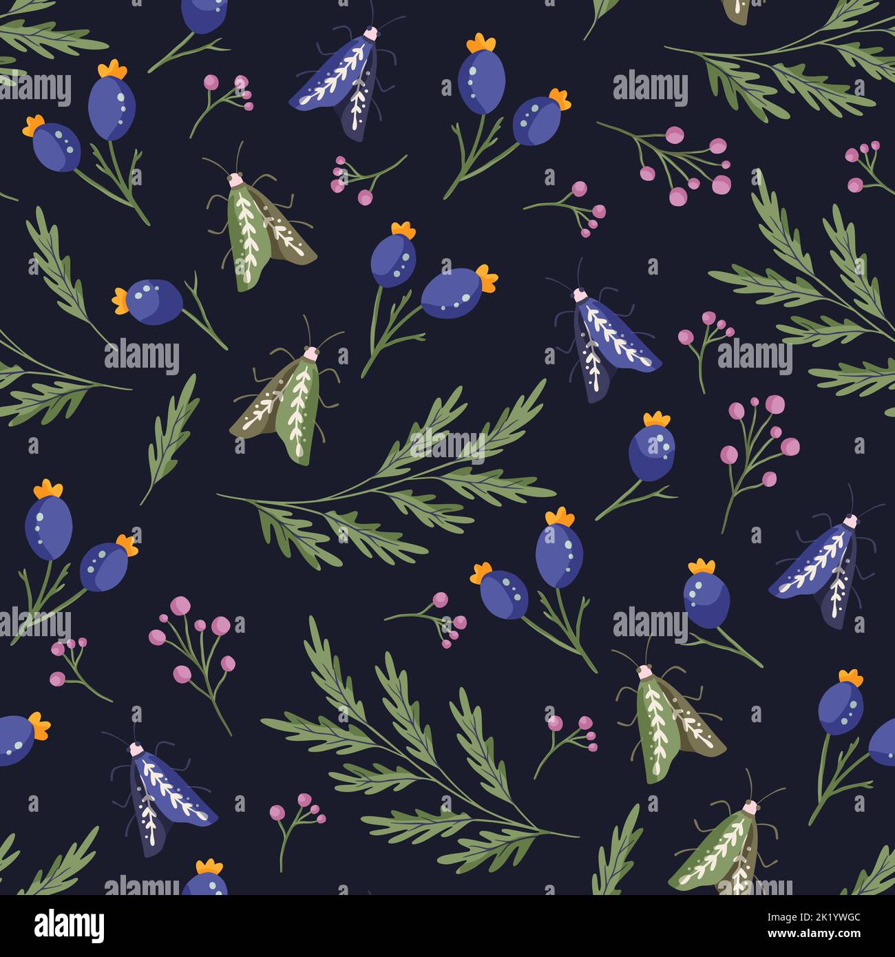 Boho dark blue berry and moth seamless pattern. Forest floral butterfly vector background Stock Vector