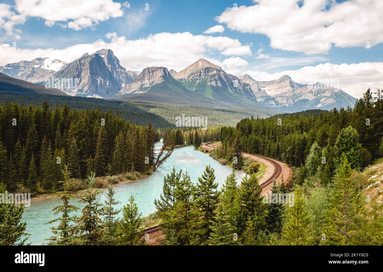 Morant's Curve railroad through the Rocky Mountains in Banff, Canada. Stock Photo