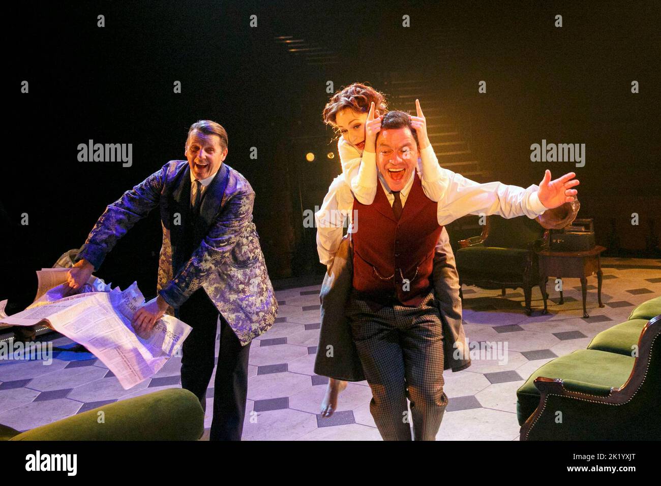 'The Rain in Spain' - l-r: Anthony Calf (Colonel Pickering), Carly Bawden (Eliza Doolittle), Dominic West (Professor Higgins) in MY FAIR LADY at the Crucible Theatre, Sheffield, England  18/12/2012  book & lyrics: Alan Jay Lerner  music: Frederick Loewe  based on G B Shaw's 'Pygmalion'  design: Paul Wills  lighting: Tim Mitchell  director: Daniel Evans Stock Photo