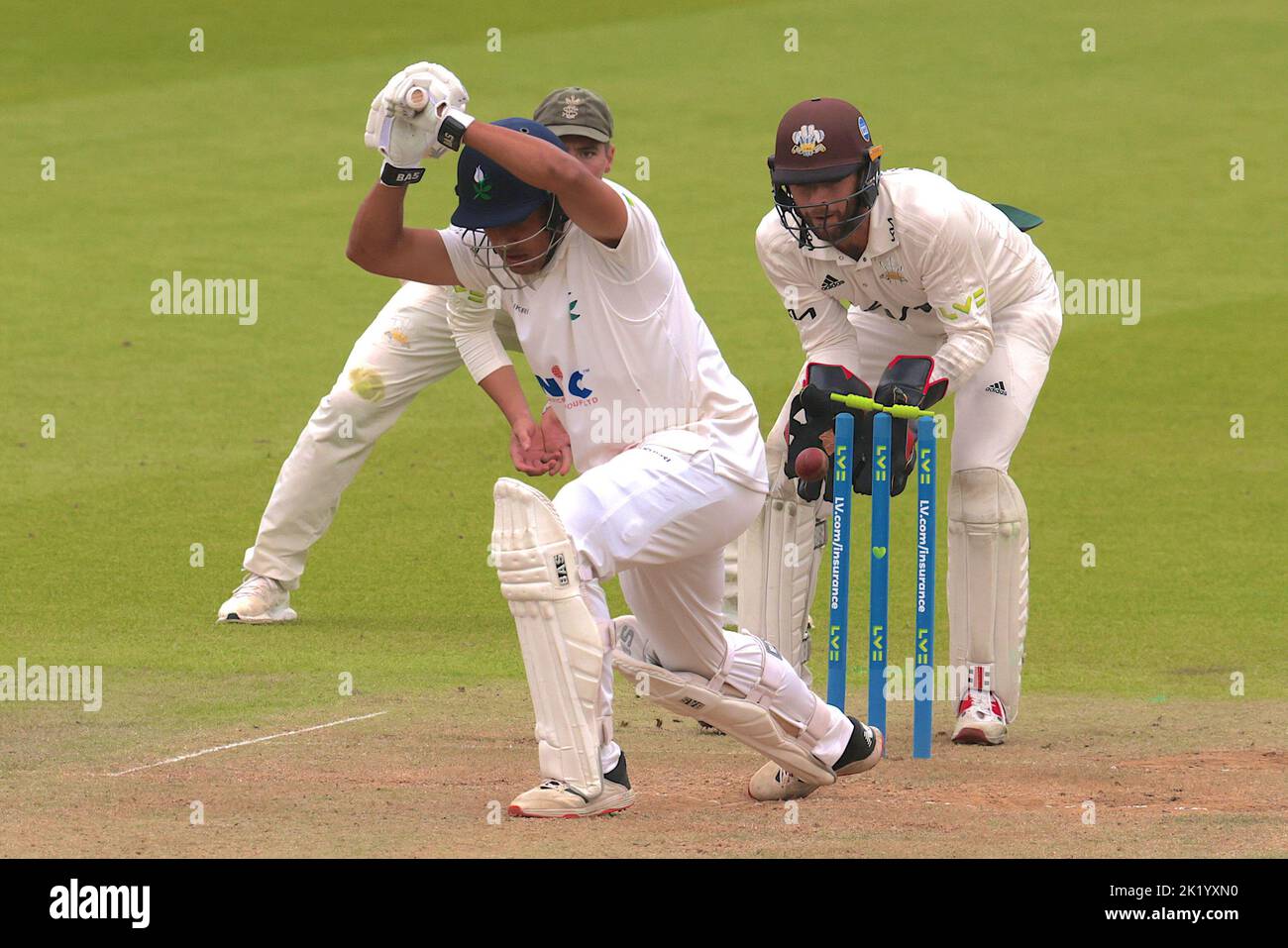 21 September, 2022. London, UK. Yorkshire’s Ben Mike is bowled by Cameron Steel as Surrey take on Yorkshire in the County Championship at the Kia Oval, day two. David Rowe/Alamy Live News Stock Photo